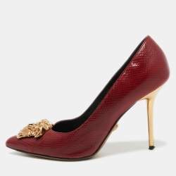 Versace Red Snakeskin Leather Medusa Pointed Toe Pumps Size 38.5