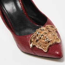 Versace Red Snakeskin Leather Medusa Pointed Toe Pumps Size 38.5