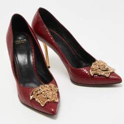 Versace Red Snakeskin Leather Medusa Pointed Toe Pumps Size 38.5