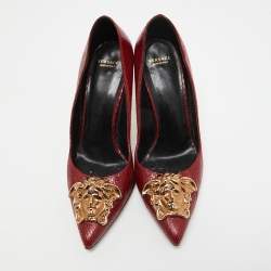 Versace Red Snakeskin Leather Medusa Pointed Toe Pumps Size 38.5