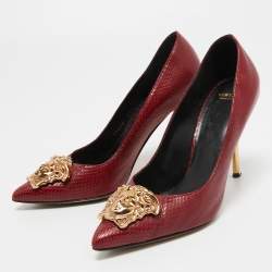 Versace Red Snakeskin Leather Medusa Pointed Toe Pumps Size 38.5