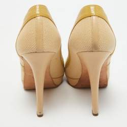 Versace Beige/Yellow Raffia And Patent Leather Peep Toe Pumps Size 39