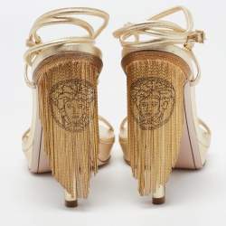 مملوكة مسبقًا Versace Gold Leather Fringe Heel Ankle Wrap Sandals Size 37