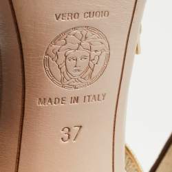 مملوكة مسبقًا Versace Gold Leather Fringe Heel Ankle Wrap Sandals Size 37