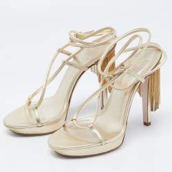 مملوكة مسبقًا Versace Gold Leather Fringe Heel Ankle Wrap Sandals Size 37