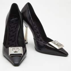 Pre Owned Versace Black Leather Medussa Metal Heel Pumps Size 37