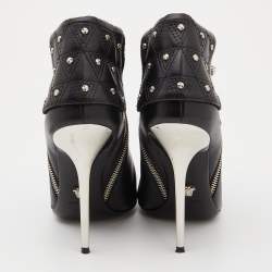 Pre Owned Versace Black Leather Quilted Studded Fold Ankle Booties Size 41