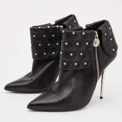 Pre Owned Versace Black Leather Quilted Studded Fold Ankle Booties Size 41