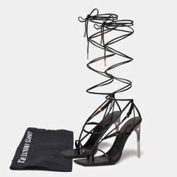 Pre Owned Versace Black Leather Thong Lace Up Sandals Size 38