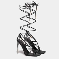 Pre Owned Versace Black Leather Thong Lace Up Sandals Size 38