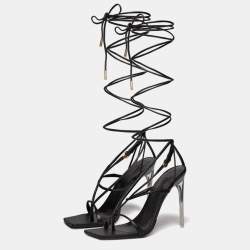 Pre Owned Versace Black Leather Thong Lace Up Sandals Size 38