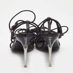 Pre Owned Versace Black Leather Thong Lace Up Sandals Size 38