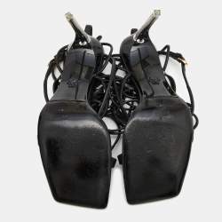 Pre Owned Versace Black Leather Thong Lace Up Sandals Size 38