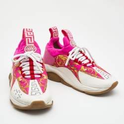 Pre Owned Versace Multicolor Suede and Printed Fabric Chain Reaction Low Top Sneakers Size 38