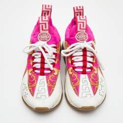 Pre Owned Versace Multicolor Suede and Printed Fabric Chain Reaction Low Top Sneakers Size 38
