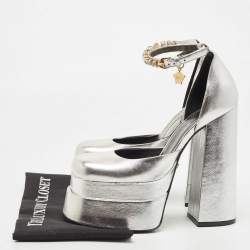 Versace Silver Leather Medusa Aevitas Ankle Strap Platform Pumps Size 38.5