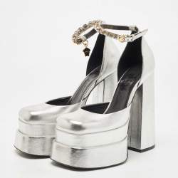 Versace Silver Leather Medusa Aevitas Ankle Strap Platform Pumps Size 38.5