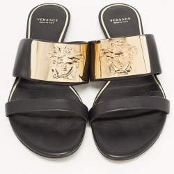 Versace Black Leather Medusa Detail Flats Slides Size 38