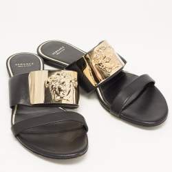 Versace Black Leather Medusa Detail Flats Slides Size 38