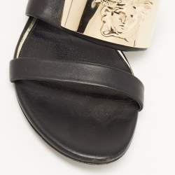Versace Black Leather Medusa Detail Flats Slides Size 38