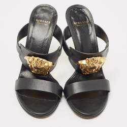 Pre Owned Versace Black Leather Medusa Slide Sandals Size 37