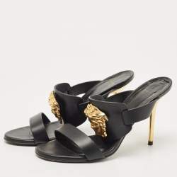 Pre Owned Versace Black Leather Medusa Slide Sandals Size 37