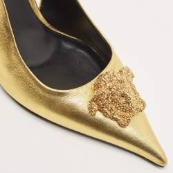 Pre Owned Versace Gold Leather La Medusa Slingback Pumps Size 38