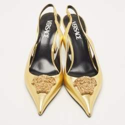 Pre Owned Versace Gold Leather La Medusa Slingback Pumps Size 38