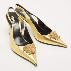 Pre Owned Versace Gold Leather La Medusa Slingback Pumps Size 38