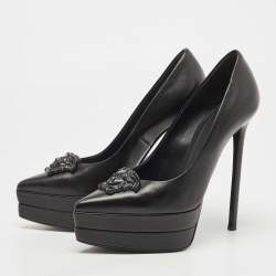 Versace Black Leather with Black Medusa Head Palazzo Platform Pump Size 37