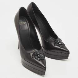 Versace Black Leather with Black Medusa Head Palazzo Platform Pump Size 37