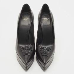 Versace Black Leather with Black Medusa Head Palazzo Platform Pump Size 37