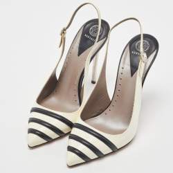 Pre Owned Versace Off White/Black Patent and Leather Slingback Pumps Size 39