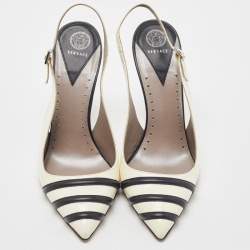 Pre Owned Versace Off White/Black Patent and Leather Slingback Pumps Size 39
