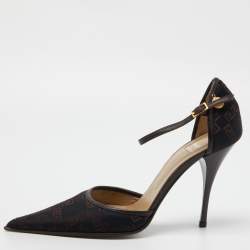 Pre Owned Versace Black Embroidered Canvas and Leather Ankle Strap Pumps Size 37