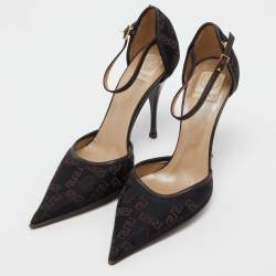 Pre Owned Versace Black Embroidered Canvas and Leather Ankle Strap Pumps Size 37