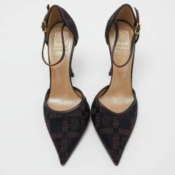 Pre Owned Versace Black Embroidered Canvas and Leather Ankle Strap Pumps Size 37