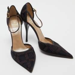 Pre Owned Versace Black Embroidered Canvas and Leather Ankle Strap Pumps Size 37