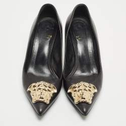 Versace Black Leather Medusa Pointed Toe Pumps Size 37