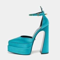 Versace Blue Turquoise Satin Aevitas Crystal Embellished Ankle Strap Platform Block Heel Pumps Size 38.5