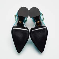 Versace Blue Turquoise Satin Aevitas Crystal Embellished Ankle Strap Platform Block Heel Pumps Size 38.5