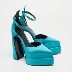 Versace Blue Turquoise Satin Aevitas Crystal Embellished Ankle Strap Platform Block Heel Pumps Size 38.5