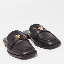 Pre Owned Versace Black Leather Medusa Squared-Toe Loafer Mules Size 35