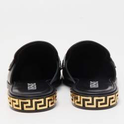 Pre Owned Versace Black Leather Medusa Squared-Toe Loafer Mules Size 35