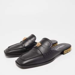 Pre Owned Versace Black Leather Medusa Squared-Toe Loafer Mules Size 35