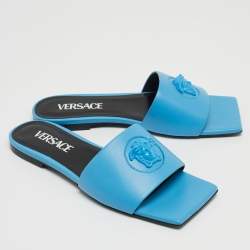 Pre Owned Versace Blue Leather Medusa Motif Flat Slides Size 35