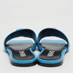 Pre Owned Versace Blue Leather Medusa Motif Flat Slides Size 35