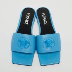 Pre Owned Versace Blue Leather Medusa Motif Flat Slides Size 35