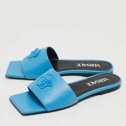 Pre Owned Versace Blue Leather Medusa Motif Flat Slides Size 35