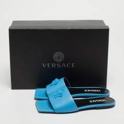 Pre Owned Versace Blue Leather Medusa Motif Flat Slides Size 35